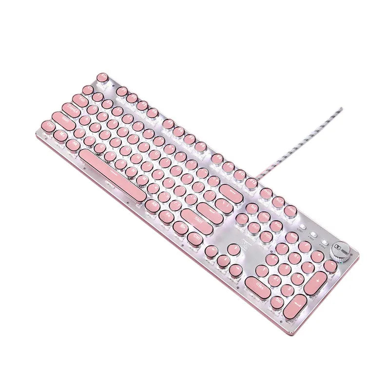 Queen Lipstick mechanical keyboard with silver base, pink keys, white backlighting, and green switches