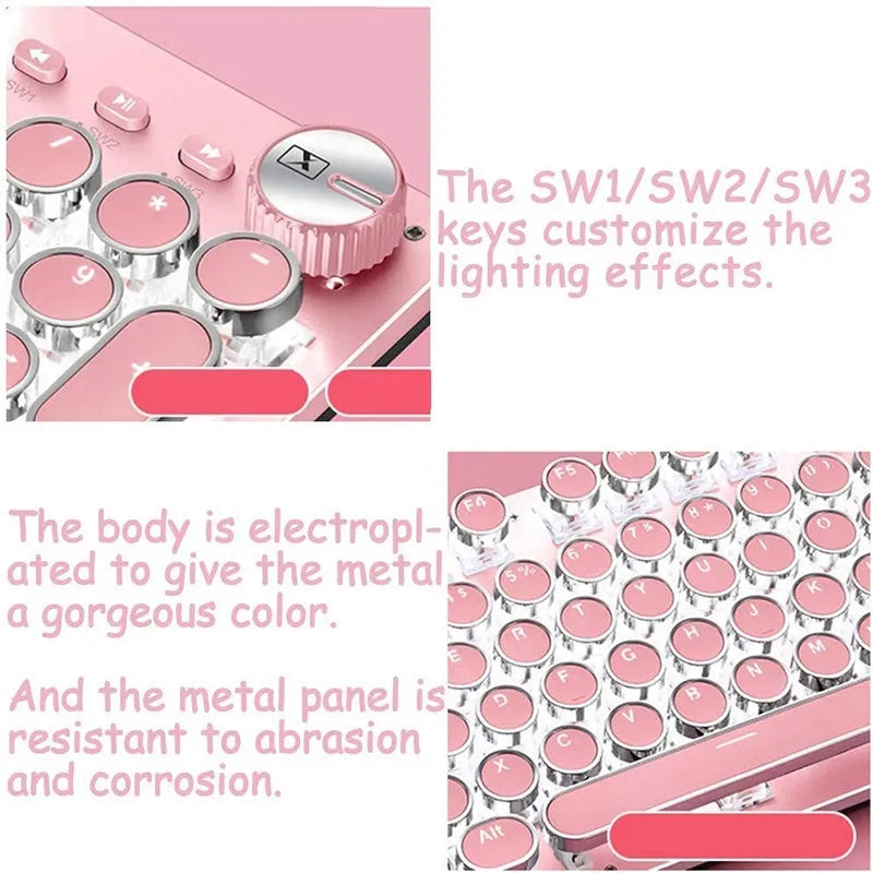 Queen Lipstick mechanical keyboard with silver base, pink keys, white backlighting, and green switches