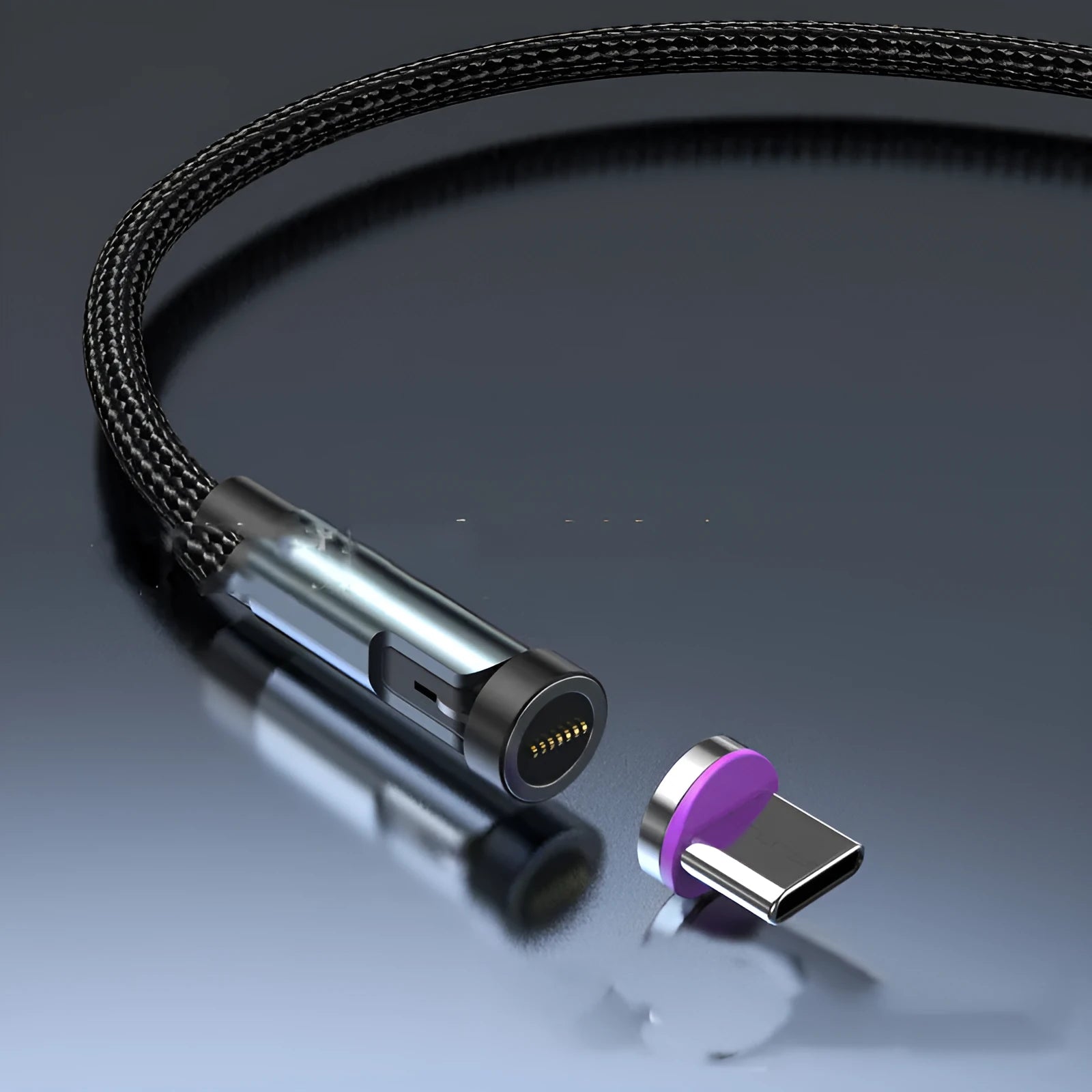Black and red magnetic charging cable with rotating heads for Apple, Android Micro USB, and Type-C devices