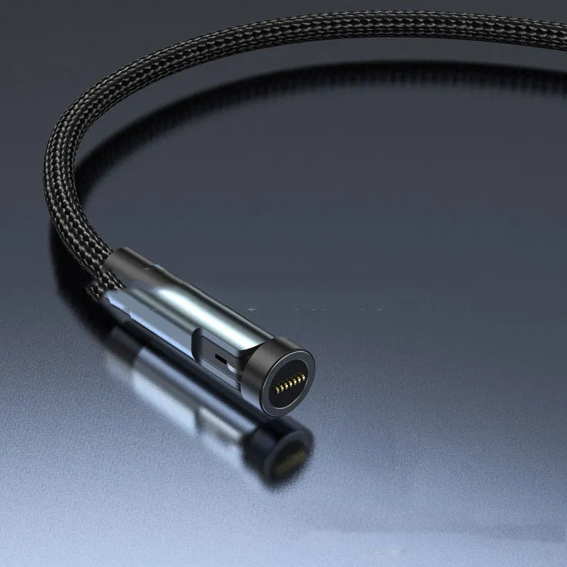 Black and red magnetic charging cable with rotating heads for Apple, Android Micro USB, and Type-C devices