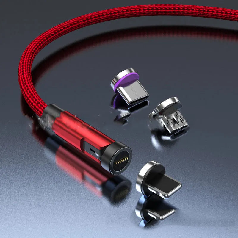 Black and red magnetic charging cable with rotating heads for Apple, Android Micro USB, and Type-C devices