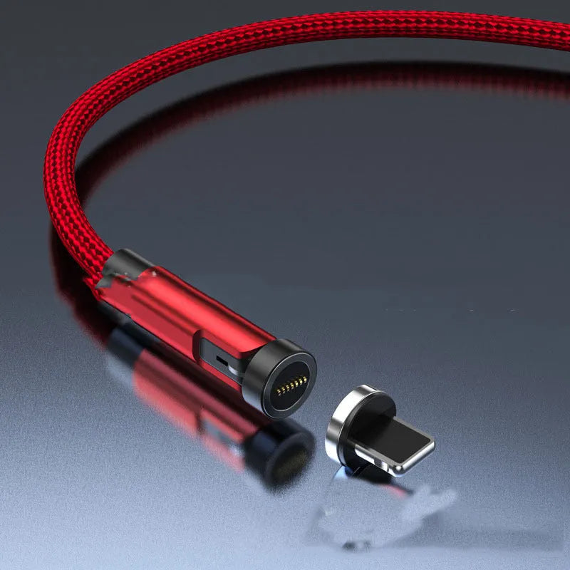 Black and red magnetic charging cable with rotating heads for Apple, Android Micro USB, and Type-C devices