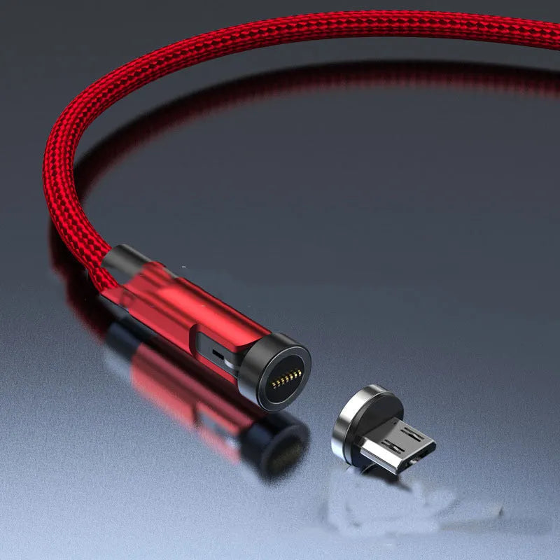 Black and red magnetic charging cable with rotating heads for Apple, Android Micro USB, and Type-C devices