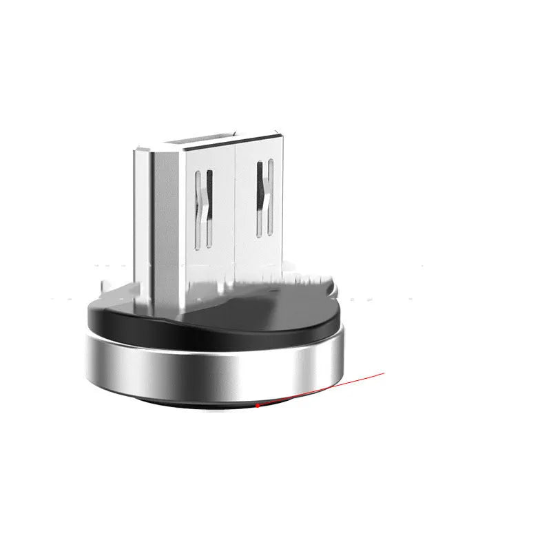 Black and red magnetic charging cable with rotating heads for Apple, Android Micro USB, and Type-C devices