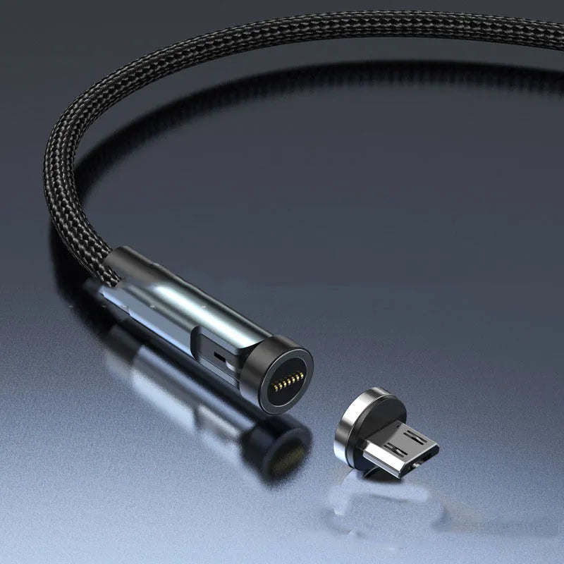 Black and red magnetic charging cable with rotating heads for Apple, Android Micro USB, and Type-C devices
