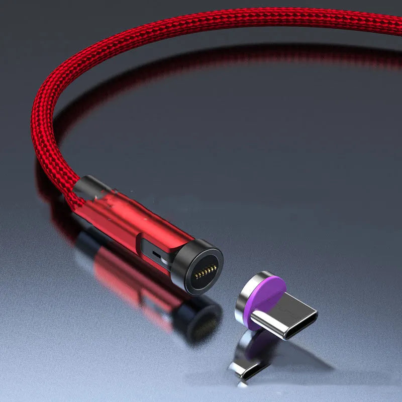 Black and red magnetic charging cable with rotating heads for Apple, Android Micro USB, and Type-C devices