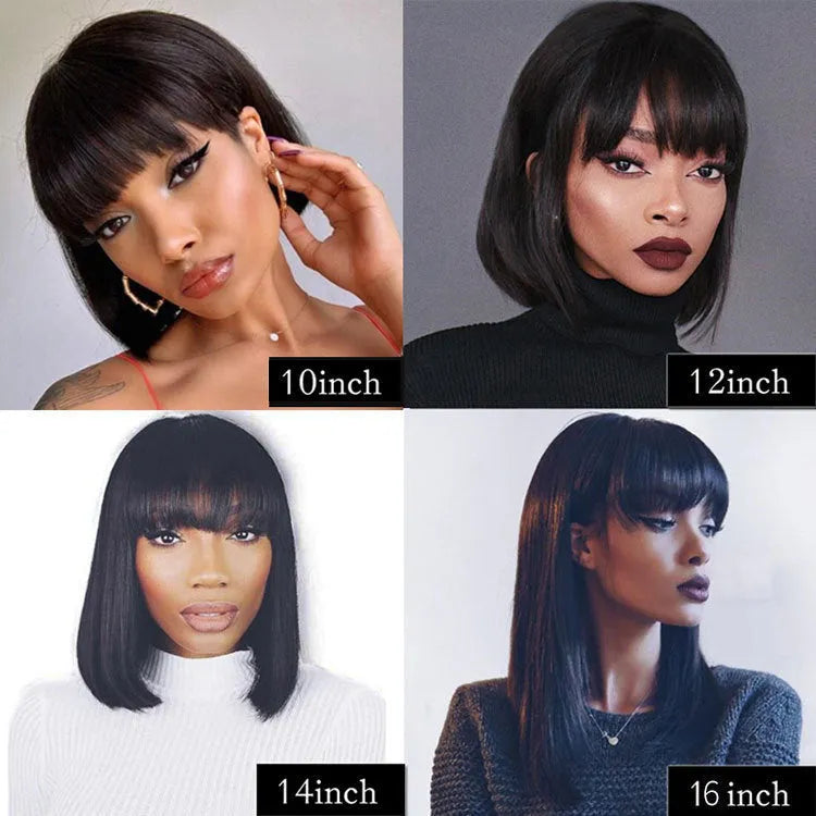 Black 10 inch real human hair wig with adjustable headgear shown from front