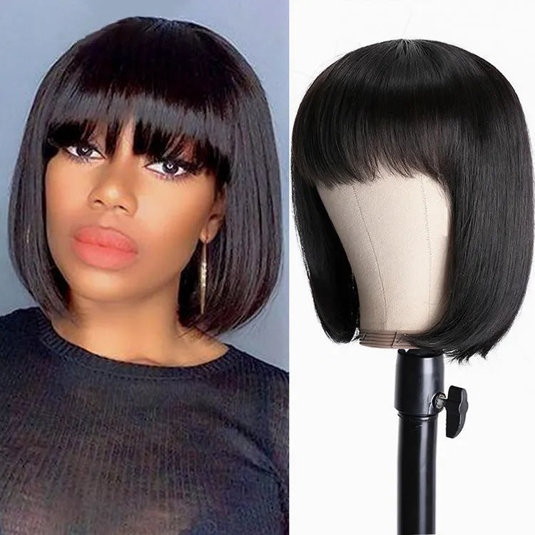 Black 10 inch real human hair wig with adjustable headgear shown from front