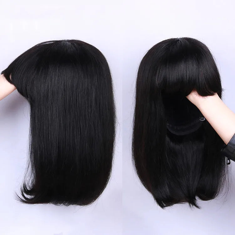 Black 10 inch real human hair wig with adjustable headgear shown from front