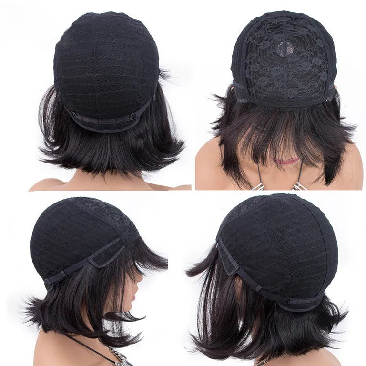 Black 10 inch real human hair wig with adjustable headgear shown from front