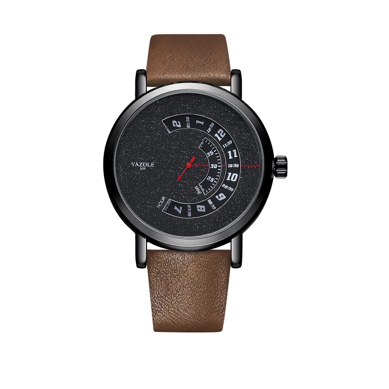 Men's waterproof quartz watch with mineral glass face and metal case showing pointer and number display