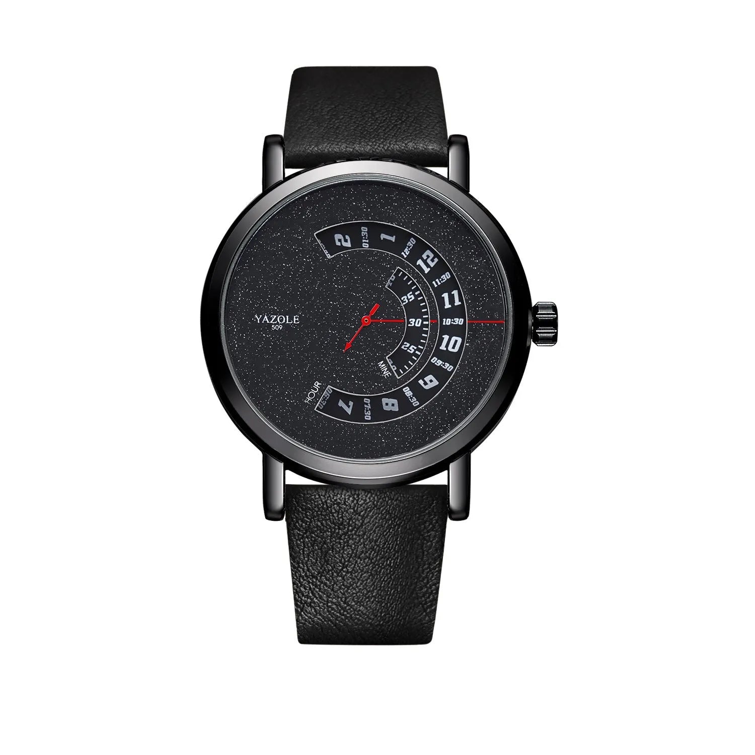 Men's waterproof quartz watch with mineral glass face and metal case showing pointer and number display