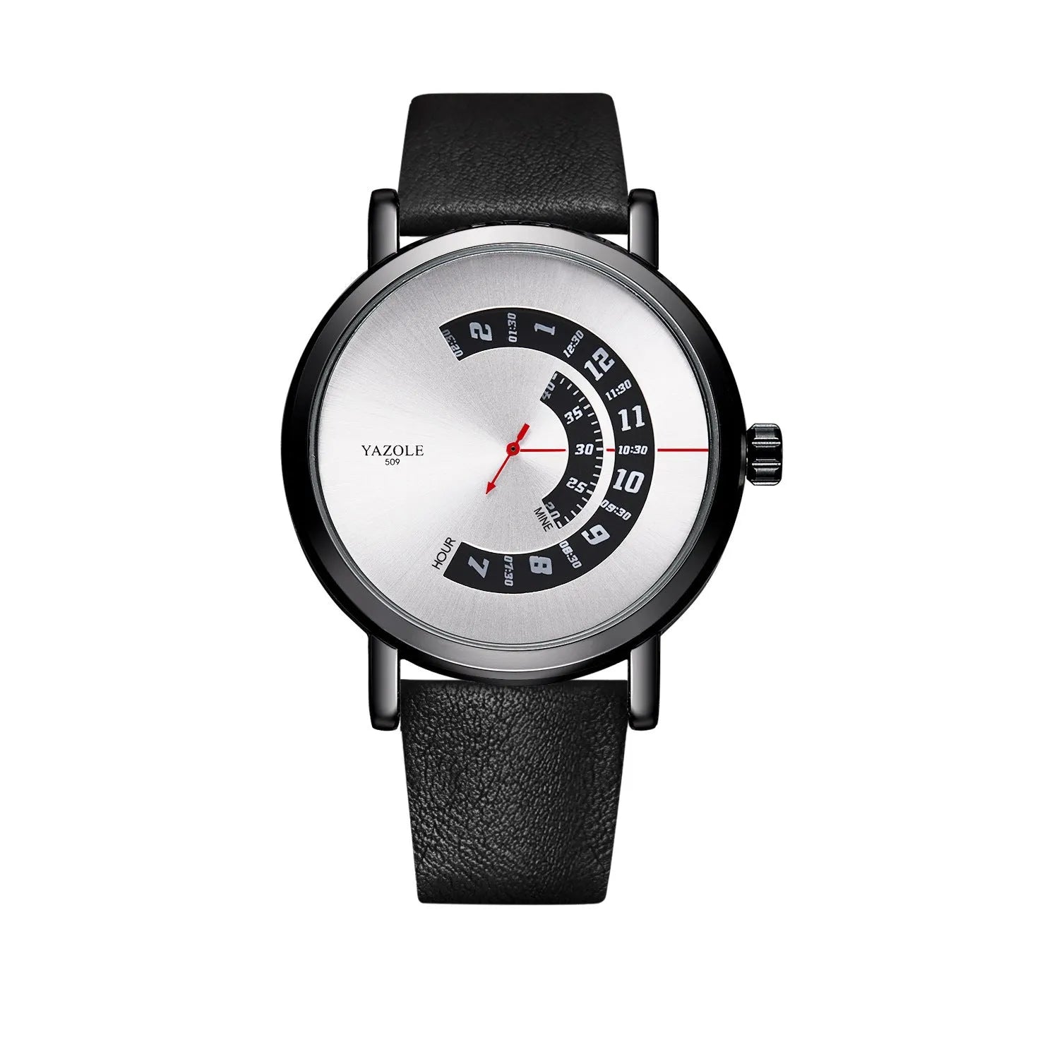 Men's waterproof quartz watch with mineral glass face and metal case showing pointer and number display