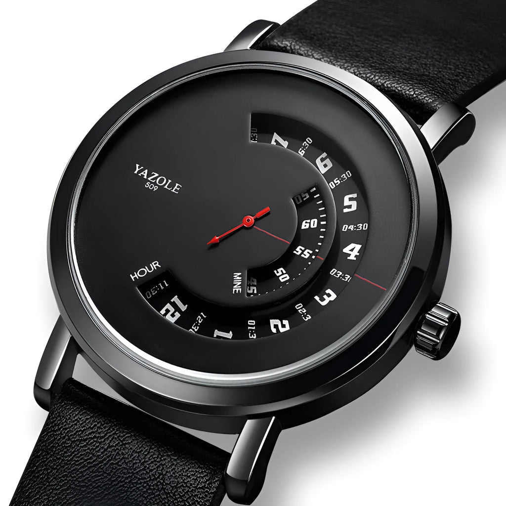 Men's waterproof quartz watch with mineral glass face and metal case showing pointer and number display