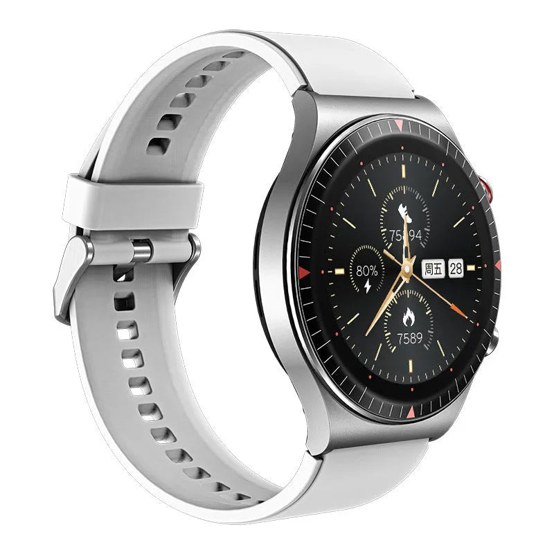 Black music recording smart watch with circular touch screen on a TPU strap, showing call and health tracking interface.