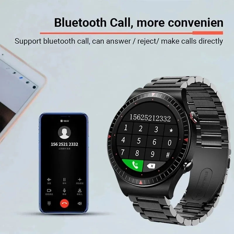 Black music recording smart watch with circular touch screen on a TPU strap, showing call and health tracking interface.