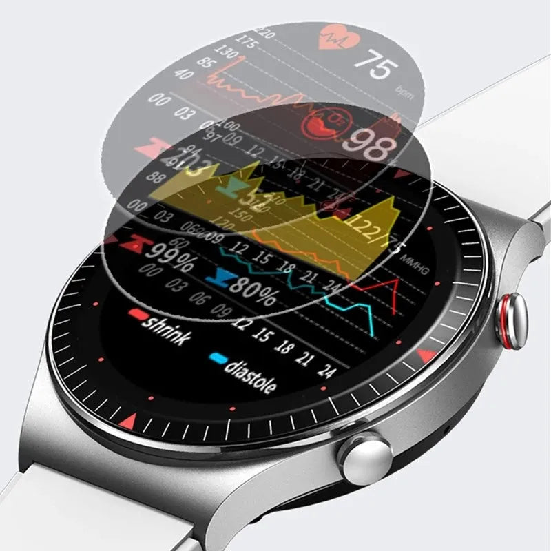 Black music recording smart watch with circular touch screen on a TPU strap, showing call and health tracking interface.