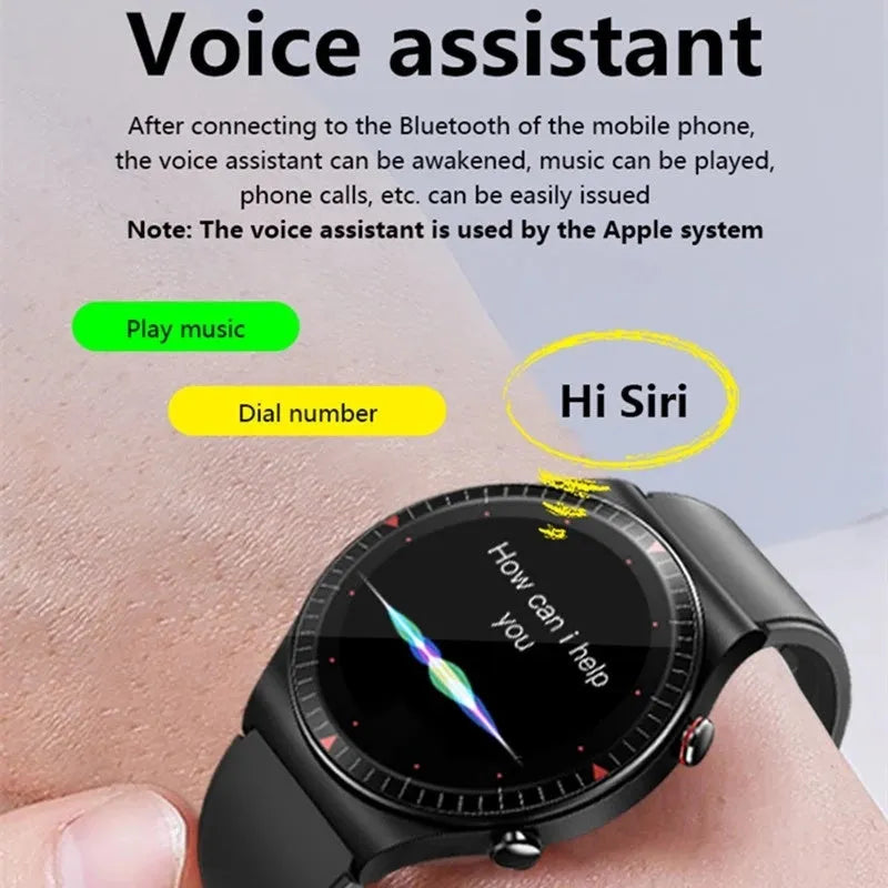 Black music recording smart watch with circular touch screen on a TPU strap, showing call and health tracking interface.