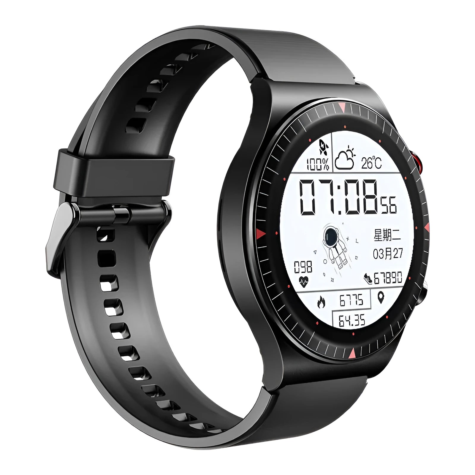 Black music recording smart watch with circular touch screen on a TPU strap, showing call and health tracking interface.