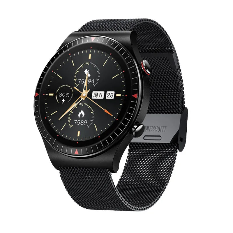 Black music recording smart watch with circular touch screen on a TPU strap, showing call and health tracking interface.