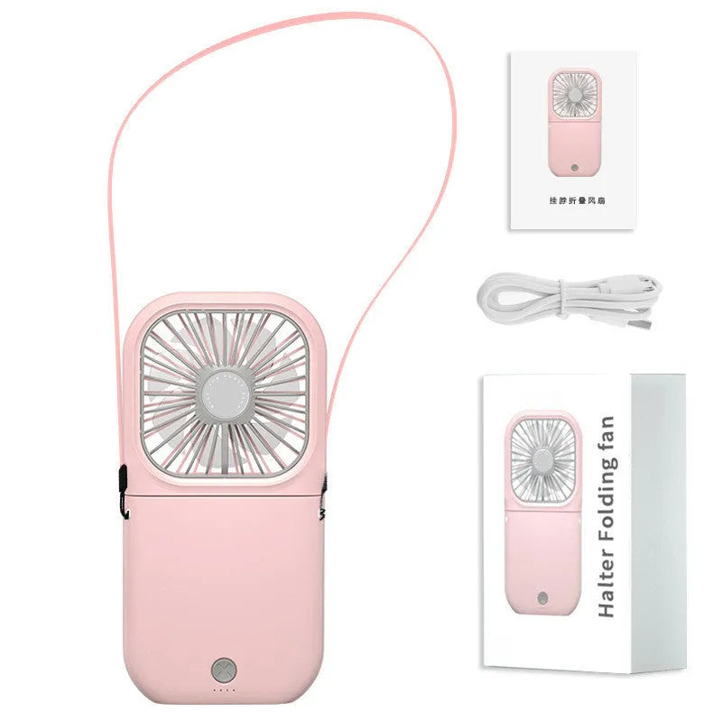 Hands-free wearable neck fan in black, showing dual blades and USB charging port.