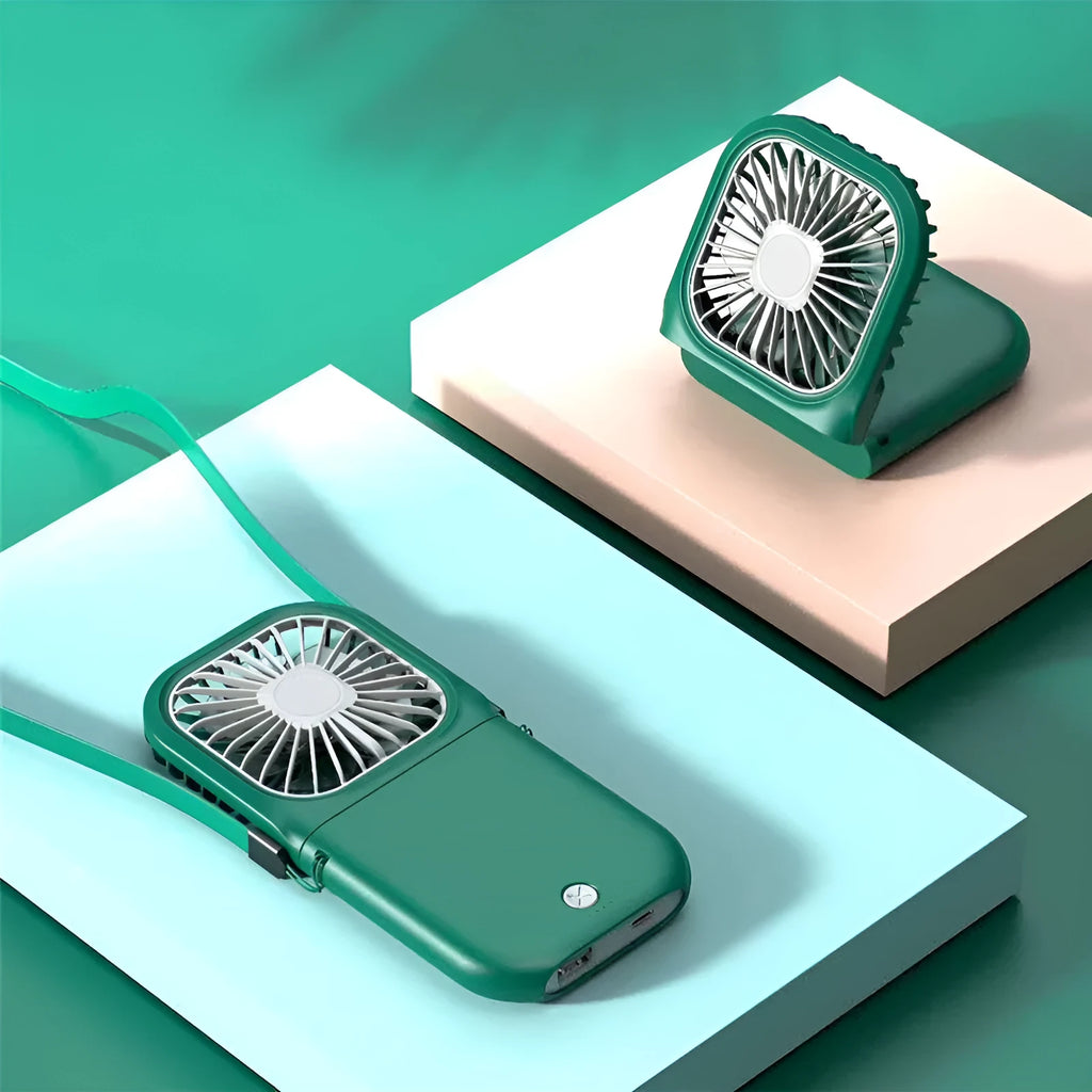 Hands-free wearable neck fan in black, showing dual blades and USB charging port.