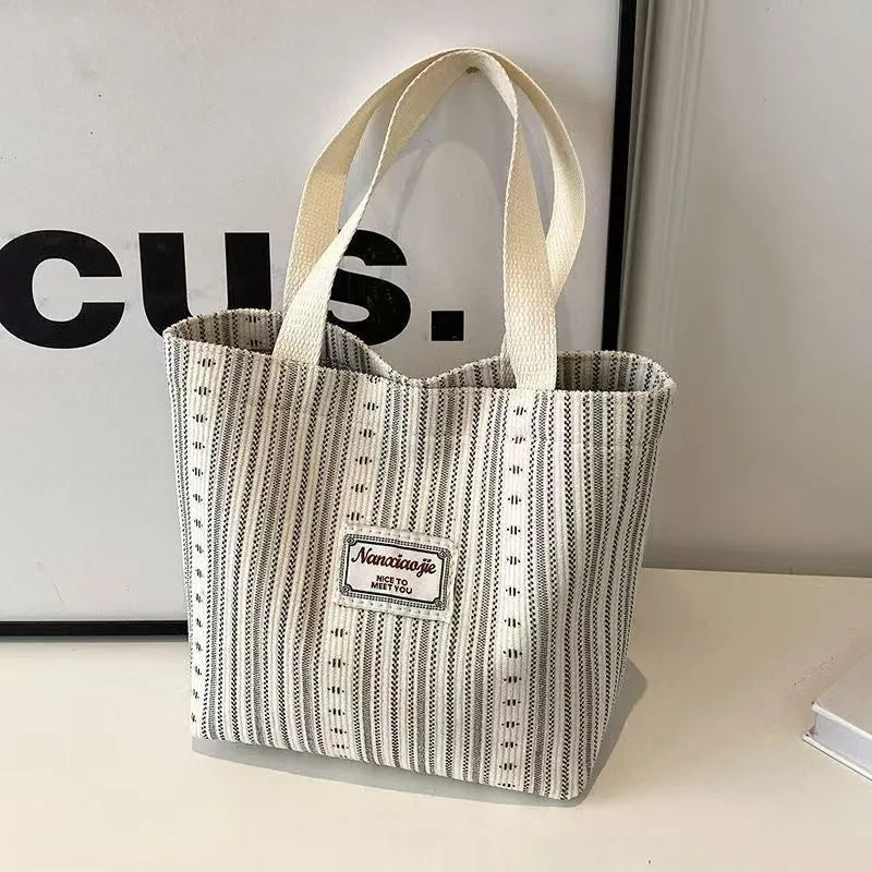 Japanese style corduroy women's tote handbag with large capacity and shoulder strap