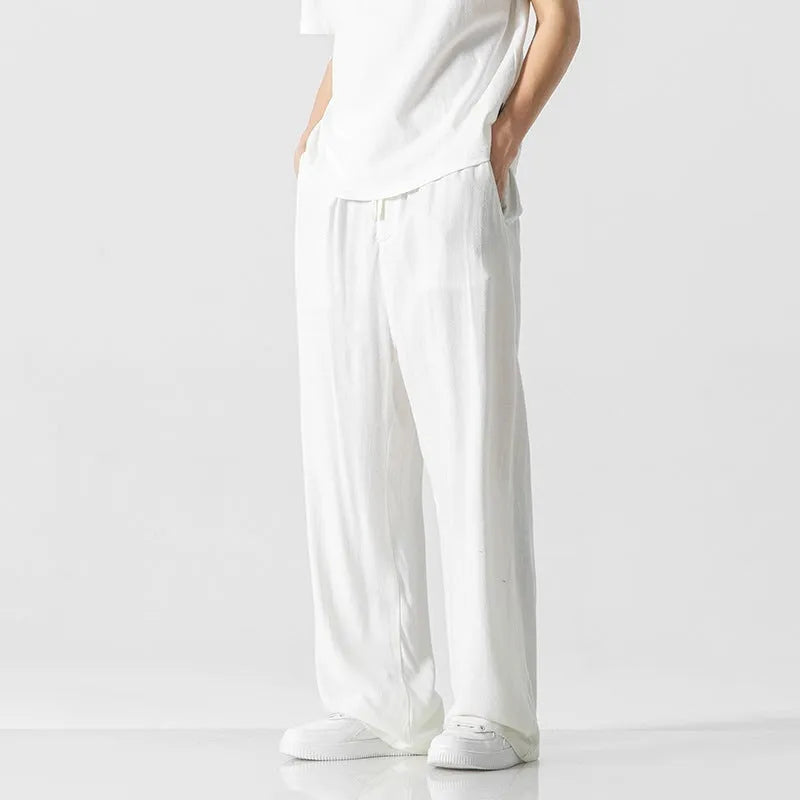 Men's bamboo fibre linen trousers in straight leg cut with cropped length and drawstring waist