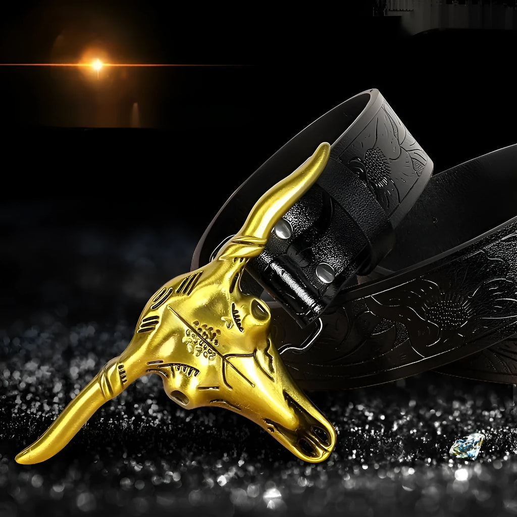Men's black imitation leather belt with a metallic alloy cow head buckle and pin buckle fastening
