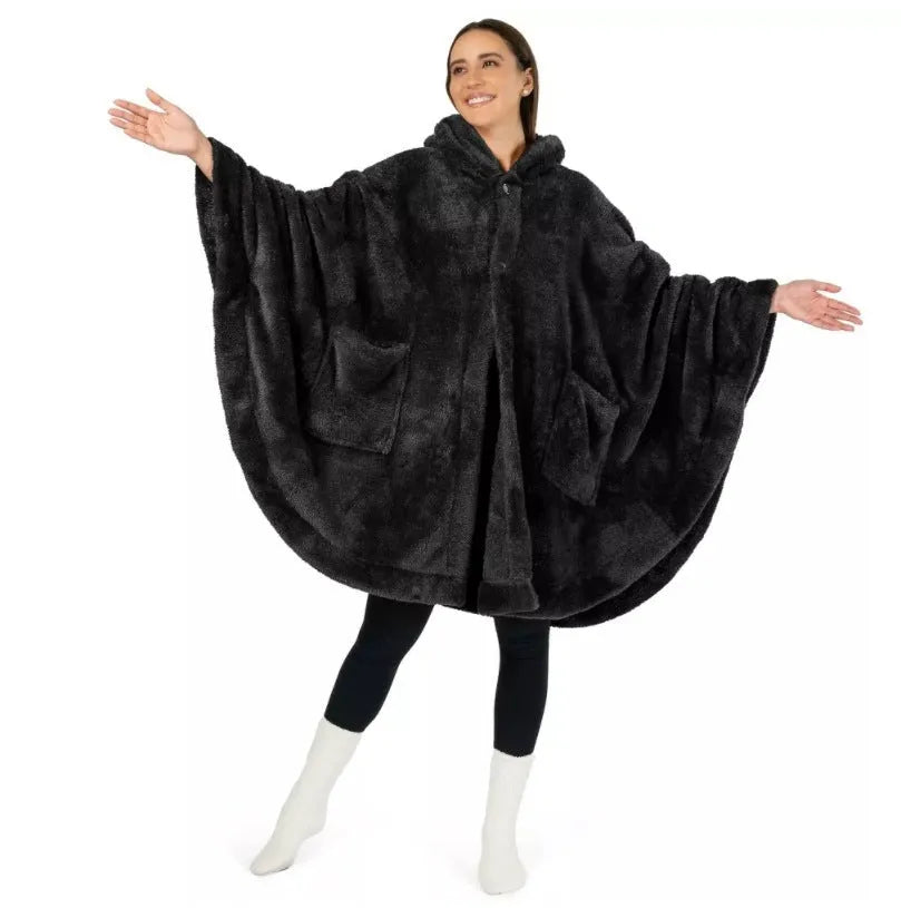 Thickened hooded bathrobe in solid colour, shown with long sleeves and cardigan front.