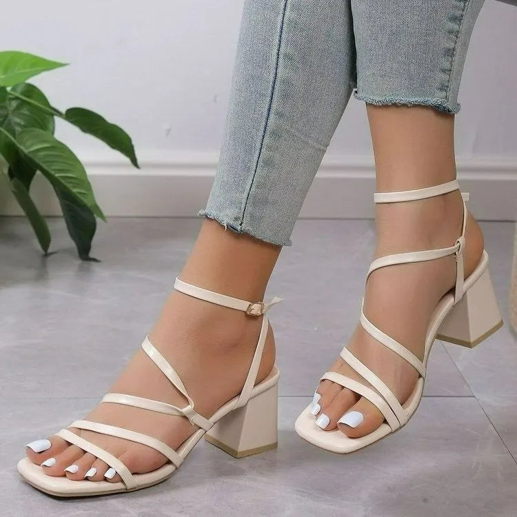 Plus size women's open toe slippers with square toe and ankle buckle strap in beige colour