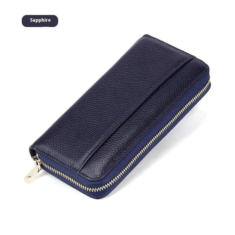 Women's genuine leather RFID blocking wallet in six colour options showing bi-fold design