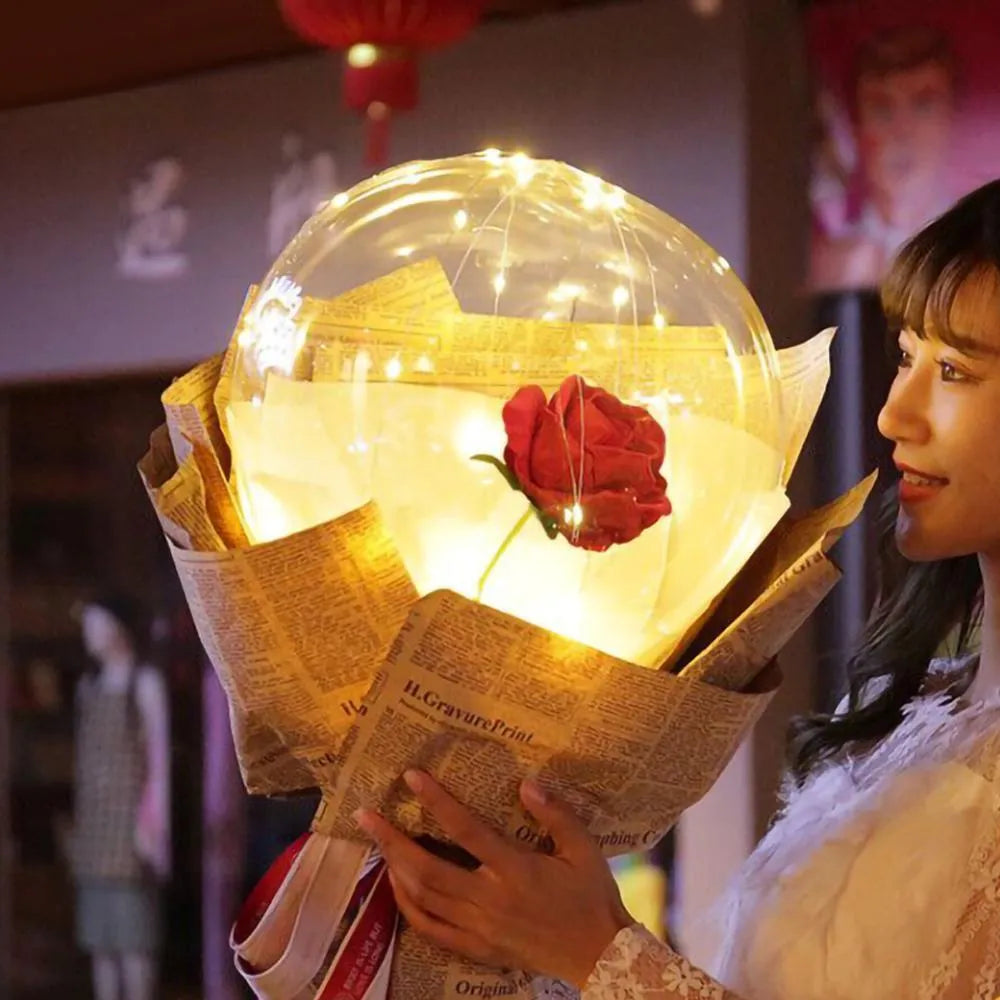Transparent round LED luminous balloon rose bouquet with artificial flower and lights for DIY assembly