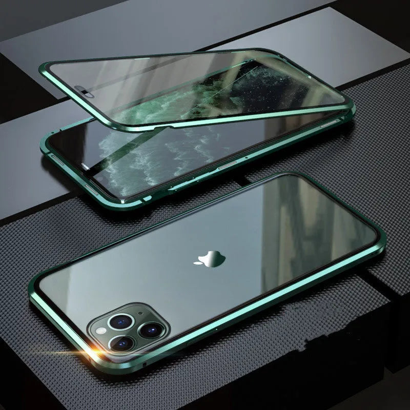 Anti-spy glass clamshell phone case in geometric design for iPhone, shown in multiple colour options