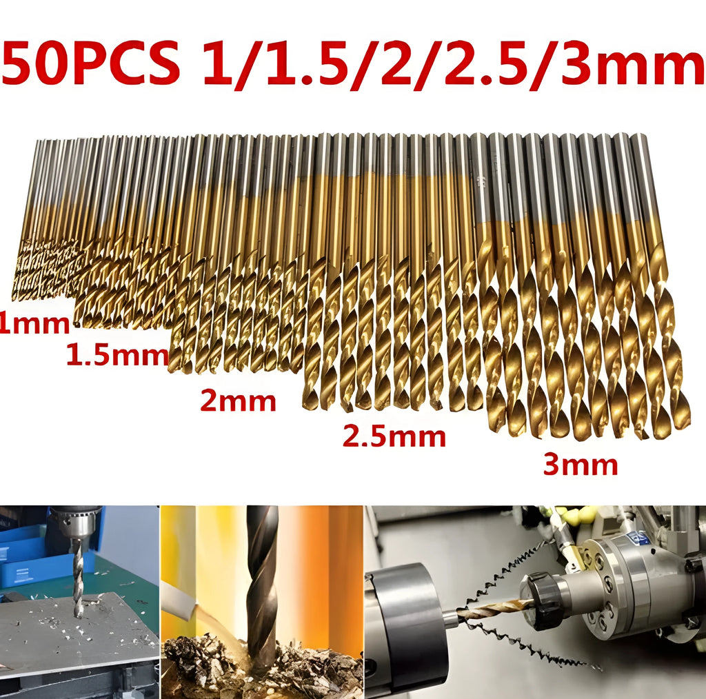 50-piece titanium coated HSS drill bit set with golden finish