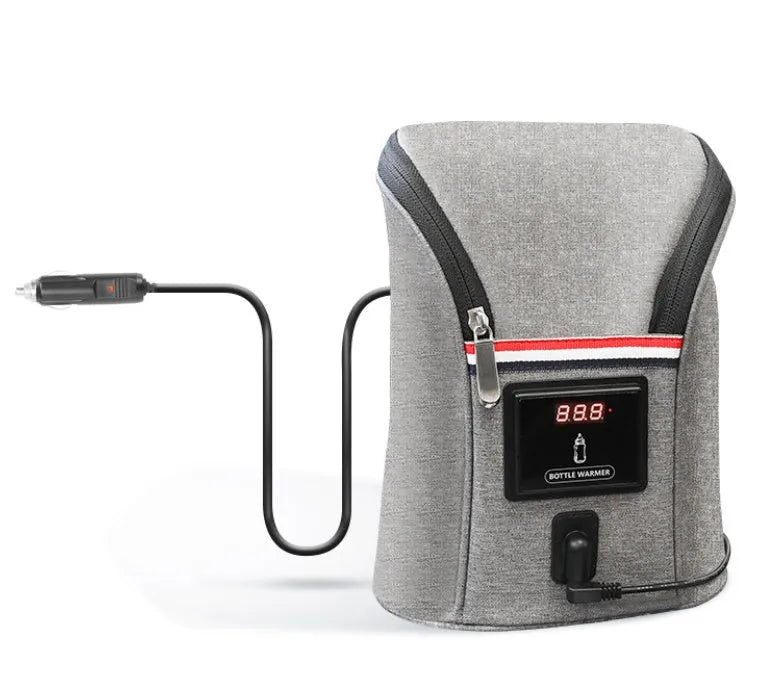 Grey Oxford cloth portable baby bottle warmer with digital display and car USB charger