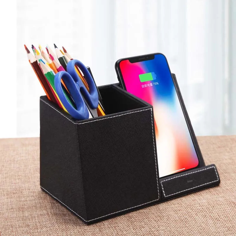 Black leather wireless charging desk organiser with pen holder and phone stand at 45-degree angle