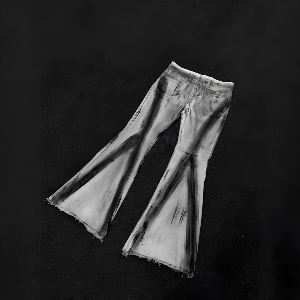 White heavy rough selvedge jeans with black ribbon gradient detailing and mid waist fit