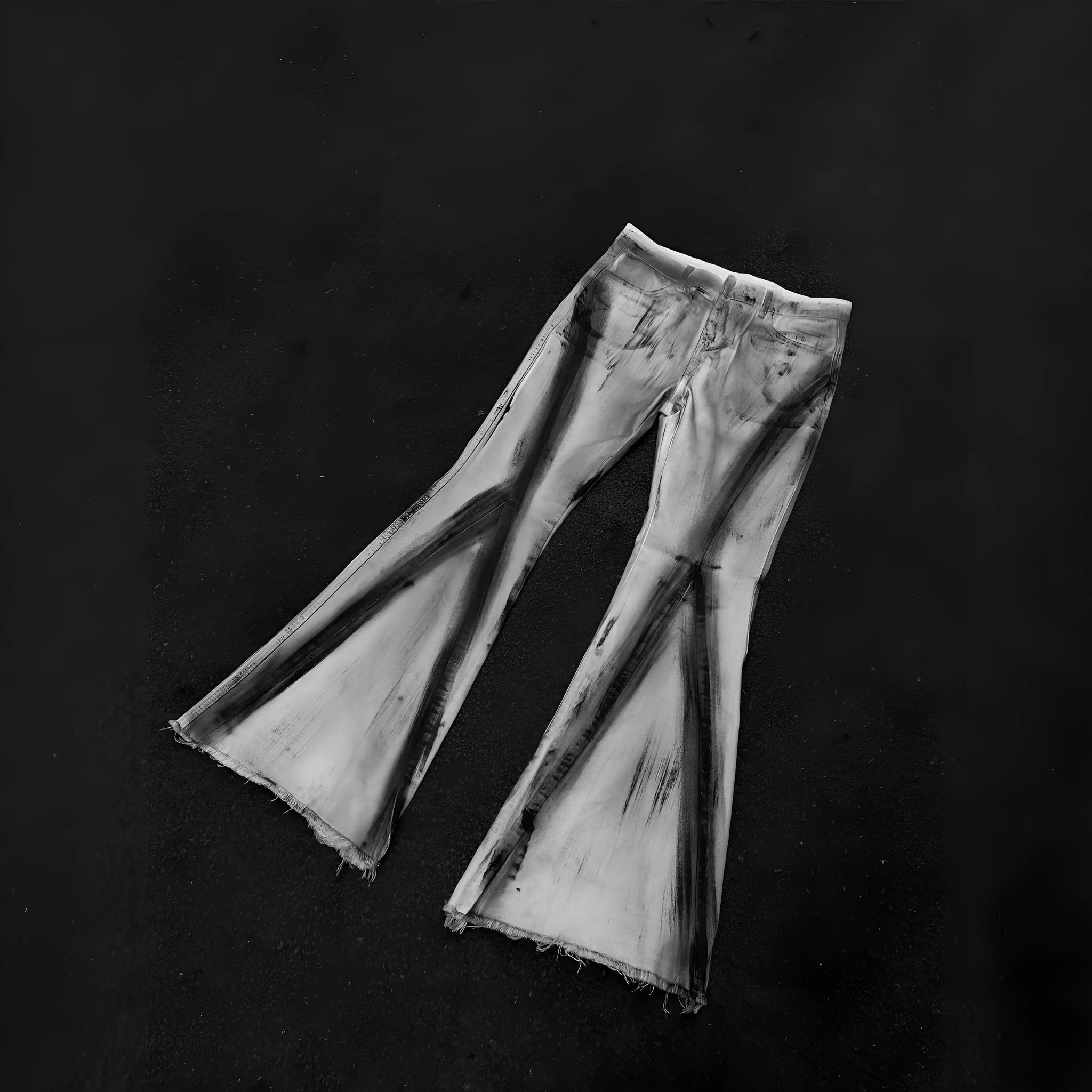 White heavy rough selvedge jeans with black ribbon gradient detailing and mid waist fit
