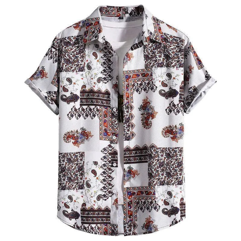 Men's slim fit digital printed Hawaiian short sleeve shirt in elastic polyester, showing colour options.