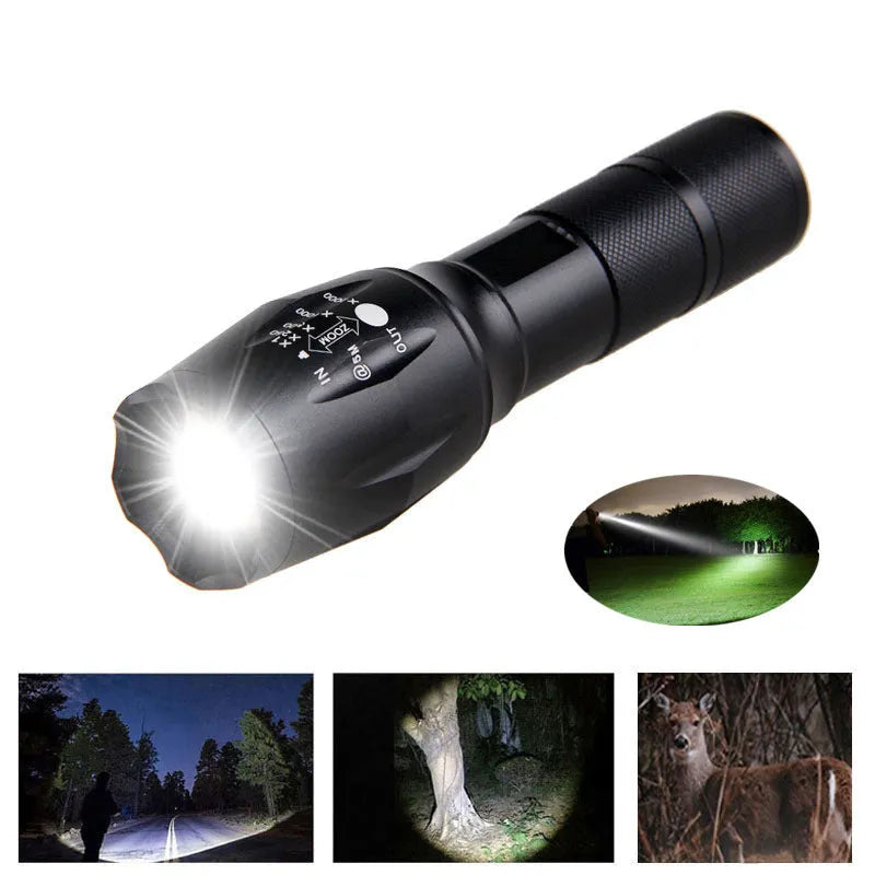 Black aluminium alloy zoomable LED flashlight with adjustable focus head for outdoor use.