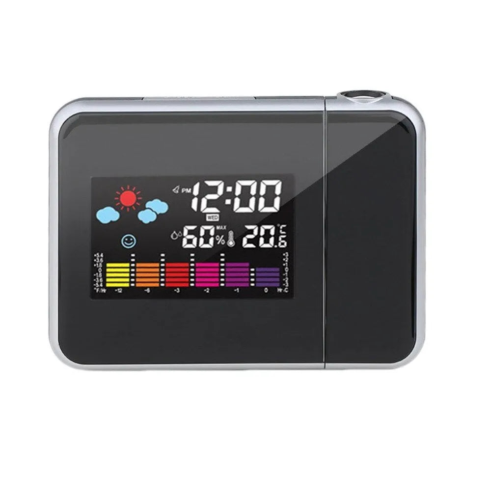 Black digital projection alarm clock with LED display showing time temperature humidity