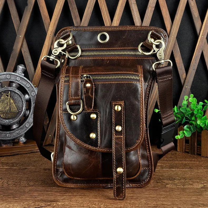 Genuine cowhide leather punk fanny pack with zipper closure showing internal phone and ID pockets