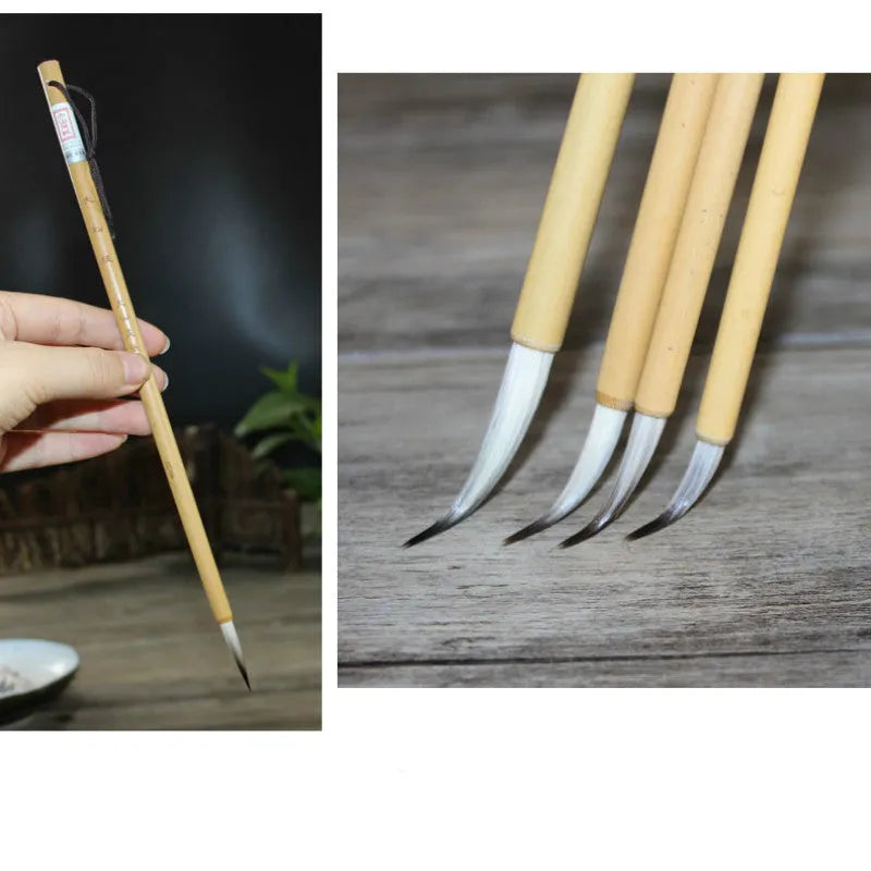 Four fine lower case writing brushes with thin gold body and mixed hair bristles in pine branch colour