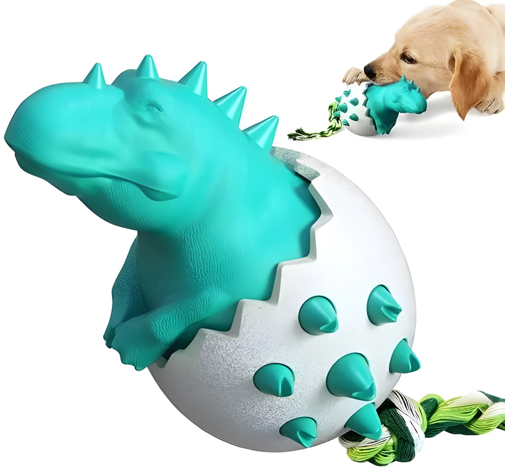 Blue dinosaur-shaped dog chew toy with textured nubs and a green rope tail for fetch or tug.