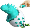Blue dinosaur-shaped dog chew toy with textured nubs and a green rope tail for fetch or tug.