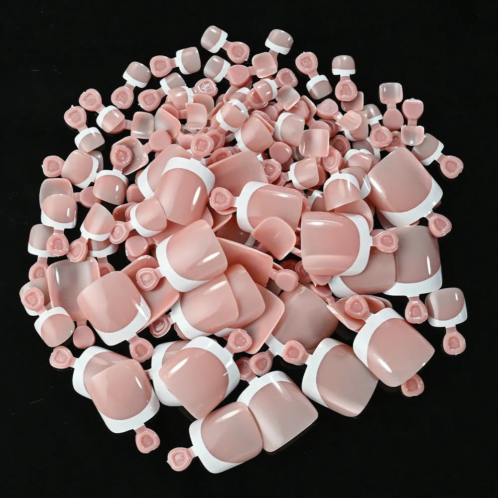 120-piece box of full square short French white tip nude press-on toenails in assorted shades