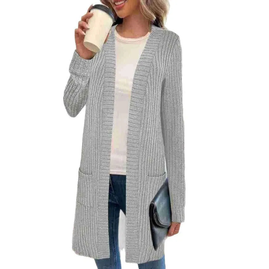Long sleeve loose fit knitted cardigan jacket with pockets in polyester fabric