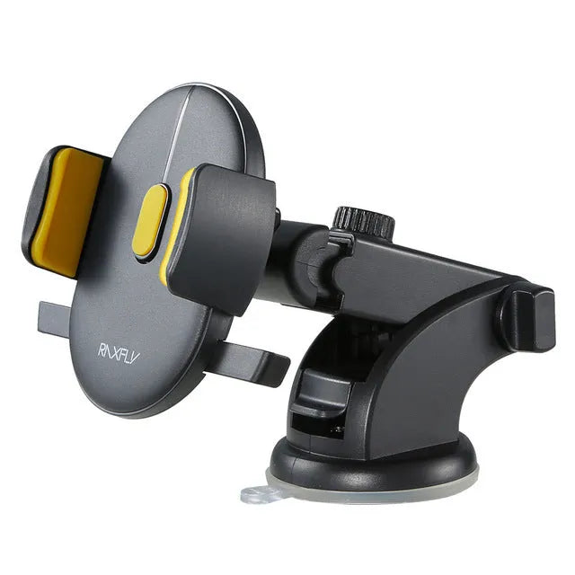 Yellow car phone holder with telescopic arm and suction cup mount on textured dashboard