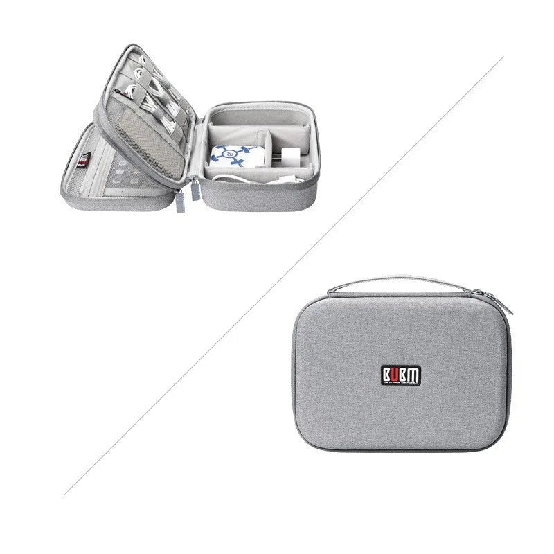 Black and grey EVA digital storage bag organiser for headphones and cables with hand bag shape